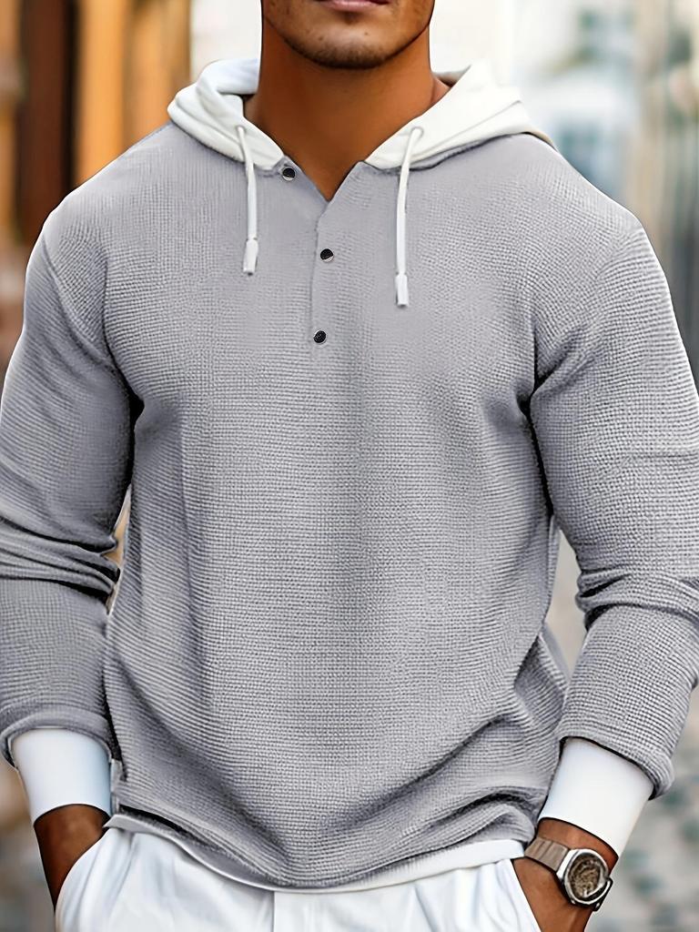 2025 Men's Color Block Waffle Knit Hooded Button-Up Hoodie – Autumn/Winter Casual Long Sleeve