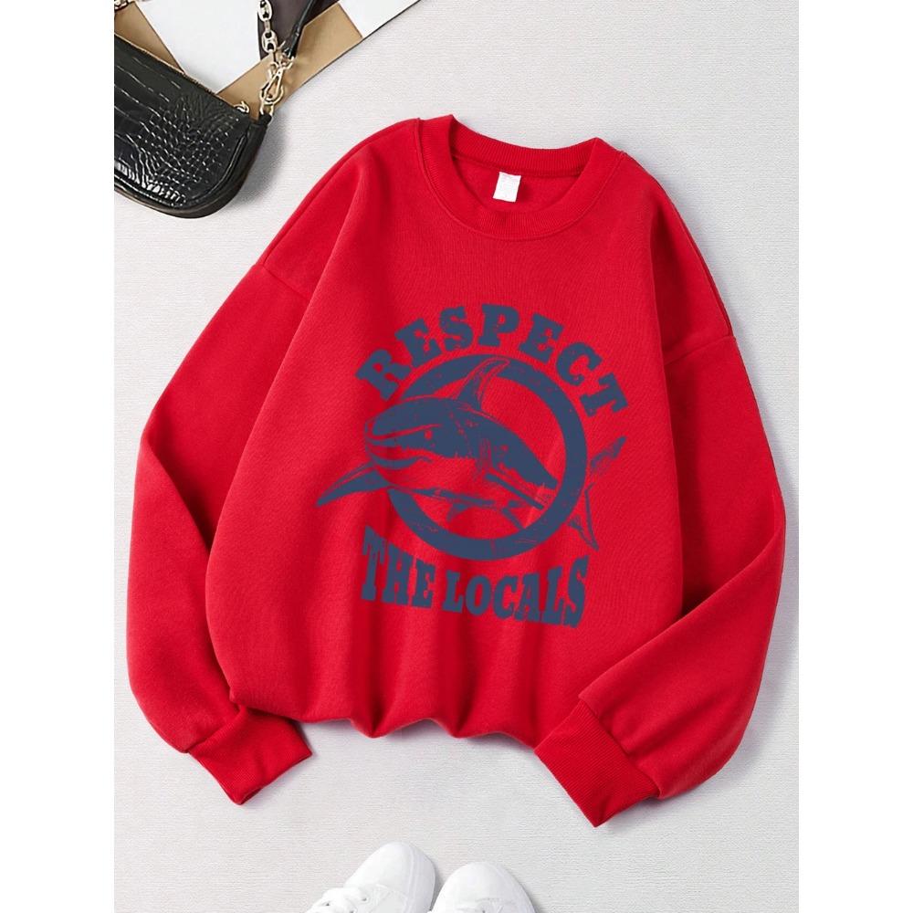 2025 Protect the Locals Shark Print Sweatshirt Women's Autumn and Winter Warm Hoodie Round Neck Top Basic Sportswear
