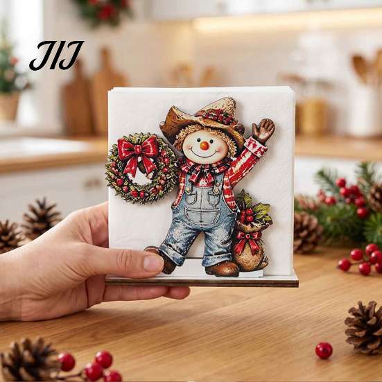 Solid Wood Tissue Dispenser Snowman Napkin Holder for Dining Table, Vertical Christmas Table Dispenser, Storage Holiday Home Decor Wooden Organizer