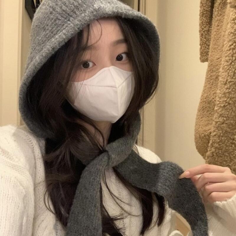 String Hood Fake Hood Knit Winter Balaclava gray