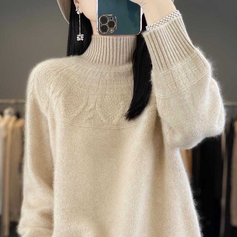 Women's Cashmere Sweater, 100% Wool, Semi-High Neck, Loose Fit, Perfect for Autumn and Winter.