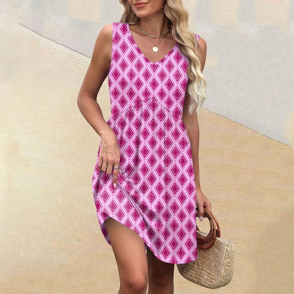 Women's Summer V-neck Casual Beach Vacation Style Vintage Print Sleeveless Splicing Dresses