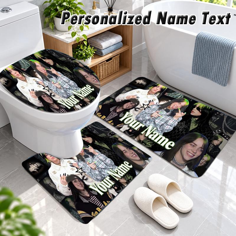 Billie Eilish Custom Name 3Pcs Flannel Bathroom Mat Set Toilet Rug Personalized Bath Decor