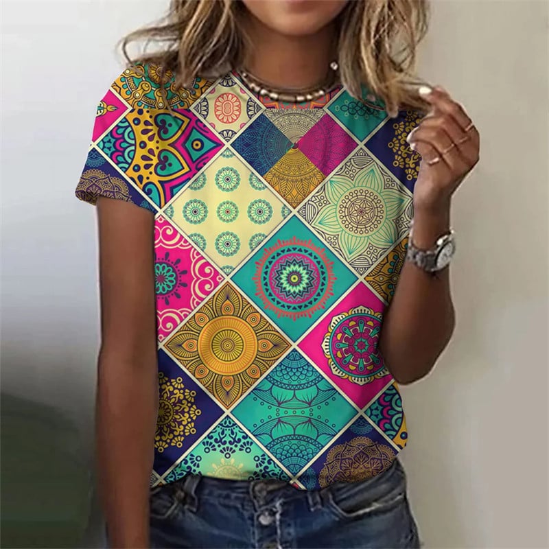 Stripe grid retro pattern 3D printed T-shirt for women's round neck T-shirt