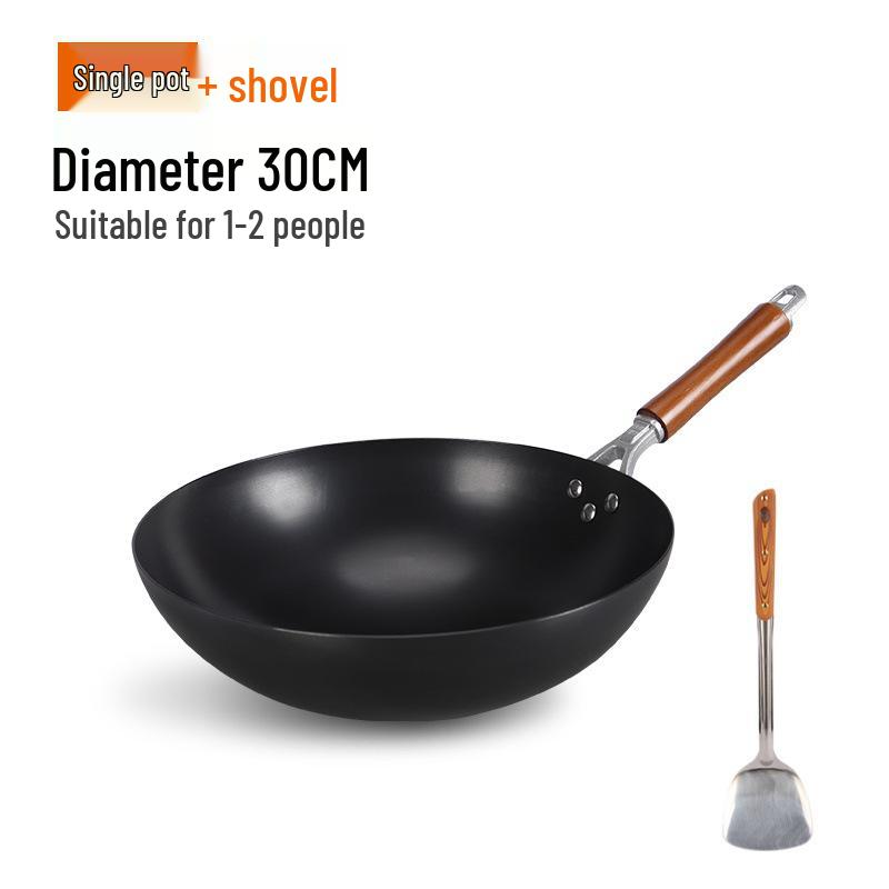 Old-Fashioned Non-Coated Cast Iron Wok, Round Bottom, Non-Slip, Non-Stick, Gas Stove Compatible, Nitrided Fine Iron.