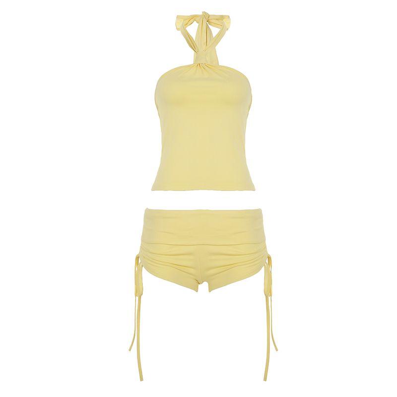 

H Домашняя Европейская и Американская Женская Одежда Американский Повседневный Спортивный Костюм Женский Топ-Холтер с Открытыми Плечами Желтый Майка Галстук + Шорты на Кулиске Yellow L