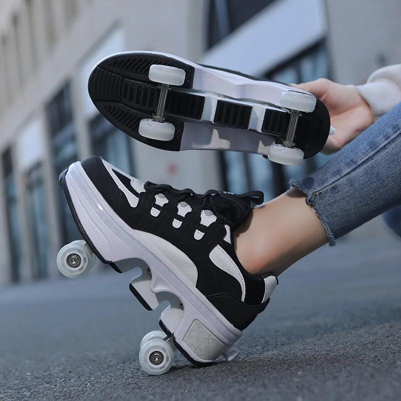 

Kid Deform Roller Skate Shoes With 2/4 Wheels Runaway Parkour Deformation 4-Wheel Skates Sneakers For Women Men Youth Adult Gift 40