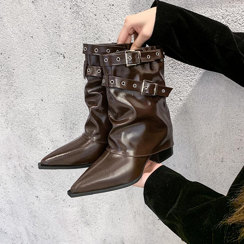 Fashion Autumn Vintage Thick Heel Women Western Cowgirl Boots Fashion Belt Buckle Ladies Elegant Slip On Mordern Mid Calf Booties
