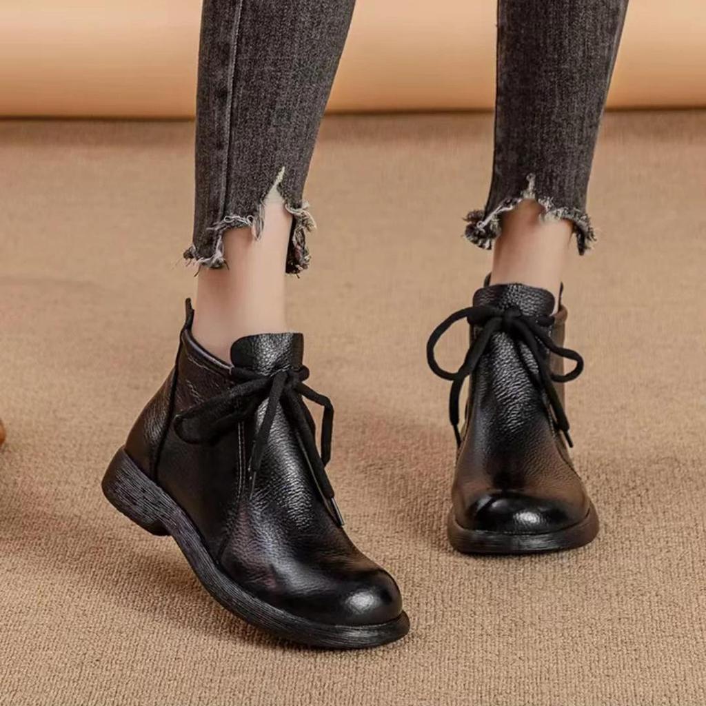 Botines planos cómodos de cuero genuino Superficie suave Suela suave Cómodos Versátiles Botas de cuero para mujer Cuero vacuno Botas antideslizantes 35-41