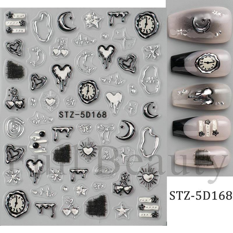 1PC embossed 5D liquid metal star, moon, and heart clock nail sticker, adhesive nail art sticker, holiday gift.