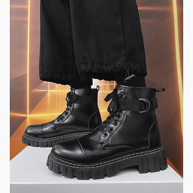 Fashion Black Leather High-top British Style Work Boots Men's Thick Bottom Non-slip Casual Sneakers Platform Boots Masculino Zapatos