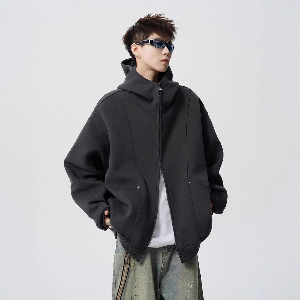 Men's Dark Grey Academic Style Hoodie - Heavyweight Autumn/Winter Trendy Brand Design for Couples