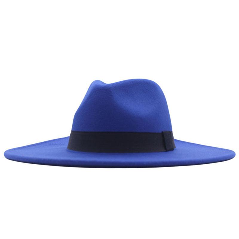Europäischer, amerikanischer Herbst- und Winter-Damen-Neuer Hut mit großem Schirm cm Mode Woll-Jazzhut Britischer Stil Zylinder Adult 10cm (56-58cm) blue