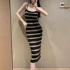 Summer striped knitted suspender dress women's temperament slim-fitting royal sister hip skirt light and mature wind medium and long skirt