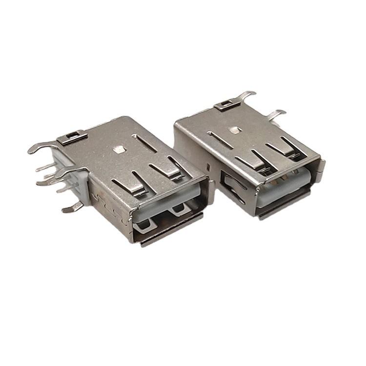 USB 2.0 Female Connector AF Long Body with Crimped Edge and Bent Angle - White Glue Socket