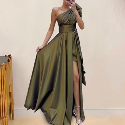 Women Evening Dress High Slit One Shoulder Sleeveless Pleated High Waist Irregular Pure Color Cocktail