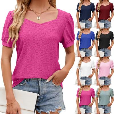 Summer Solid Color Women's T-shirt Pleated V-neck Loose Short-sleeved  Top Ladies Blouses