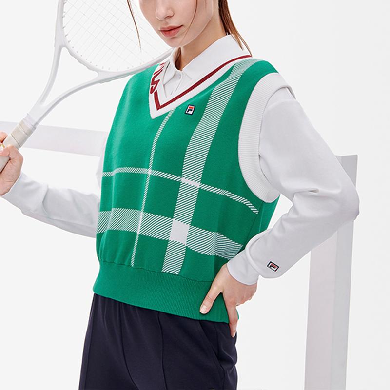 Fila Letter Jacquard Color Block V-Neck Sleeveless Knitted Vest Women tops A11W233404F-ZA