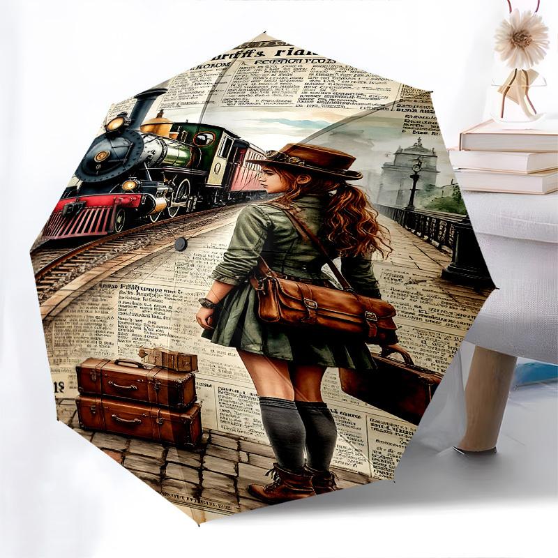 Train Journey Themed Automatic Opening and Closing Umbrella, Brightly Colored 8-rib Portable Umbrella, Suitable for Men and Women, A Perfect