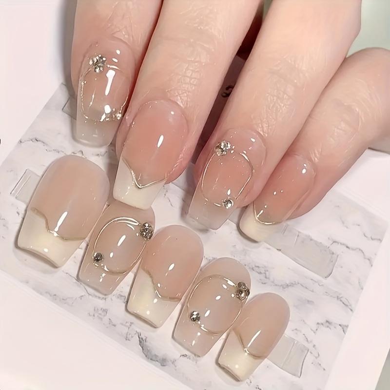 10pcs French Tip Press On Nails Short Handmade Luxury Fake Nails With Diamond Decor Fresh Manicure Patches