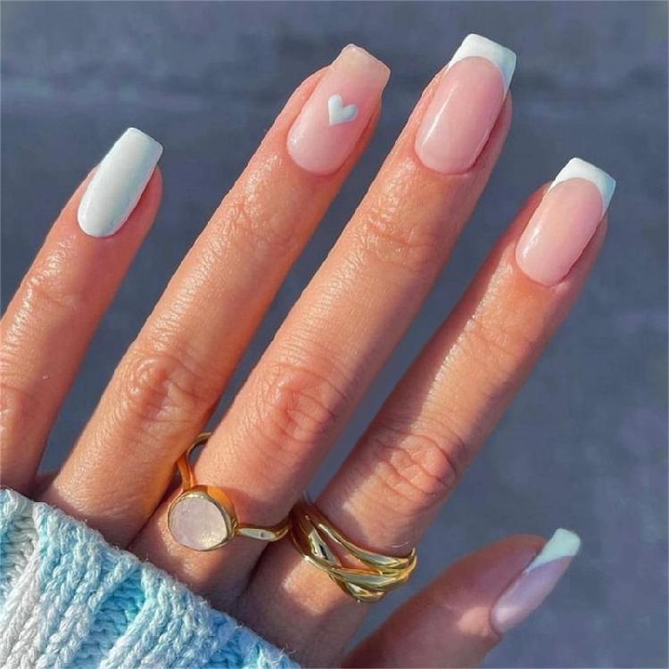 

24Pieces Medium Square Cats Eye French Tip Press On Nail with Heart Designs Contrast Color False Nail for Everyday Wear 1