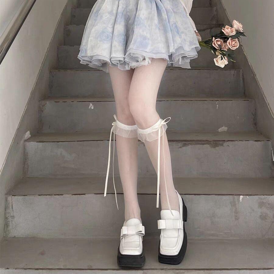 Summer Thin Thigh Slim Sweet Long Milk White Stockings Soft Sister Lace Cute Bow Knee Socks