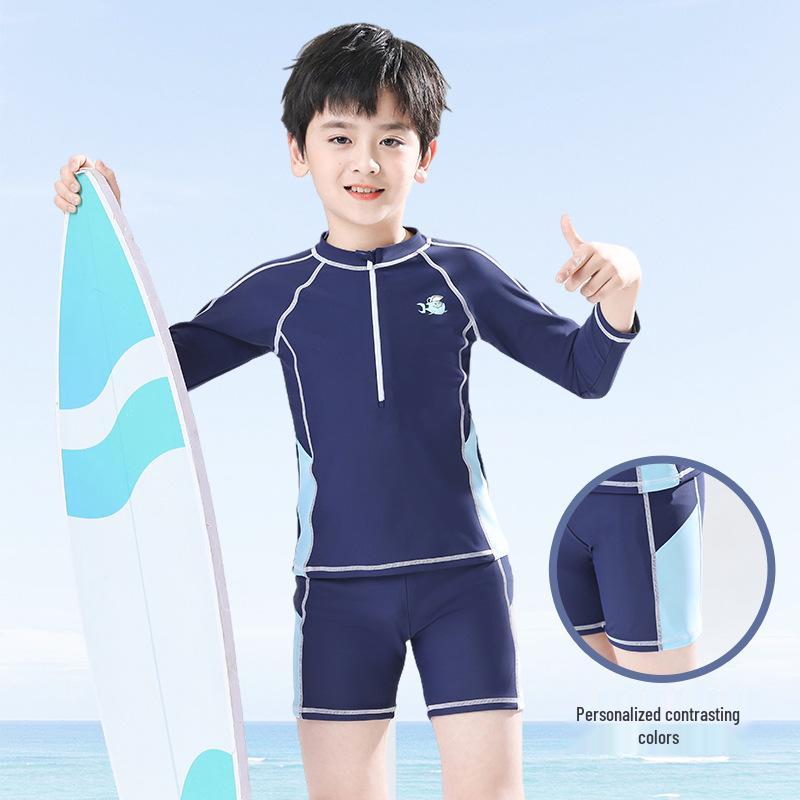 Boys' Cartoon Two-Piece Long Sleeve Swimsuit – S, M, L Sizes, Sun Protection, Quick-Dry Summer Swimwear.