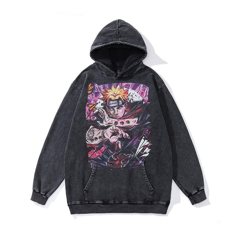 Sweat à capuche Rétro Tendance Marque Hip Hop Street Lavage à l'eau Aspect Vieilli Impression Dessin Animé Japonais Sweat à Capuche Hommes et Femmes Tendance