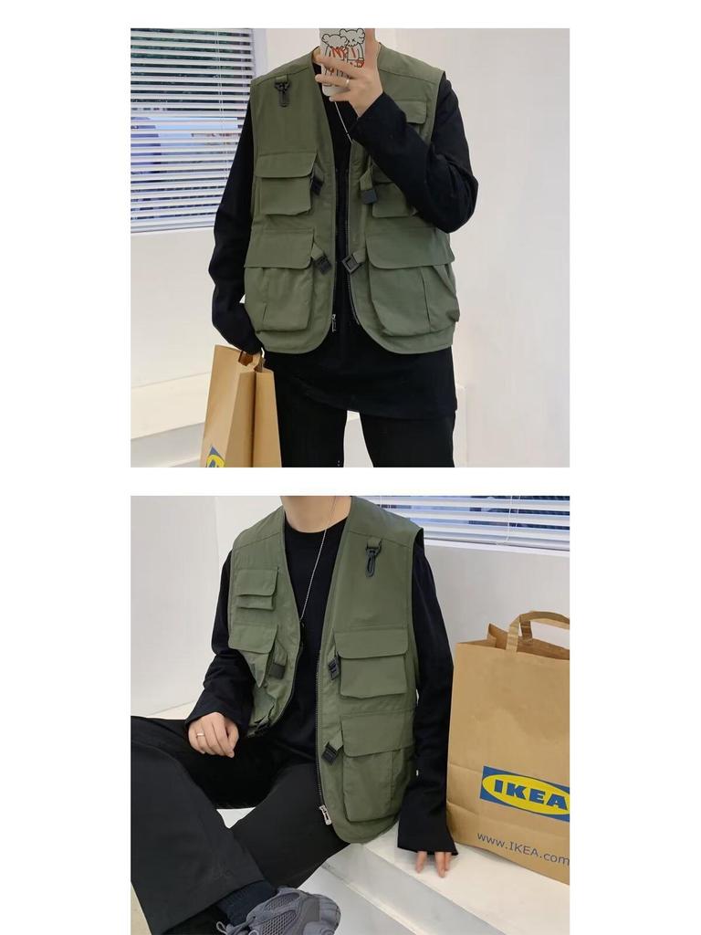 Herren Retro Japanische Streetwear Multi-Taschen Arbeitsweste, Lässige Lockere Passform, Ärmellos Nationaler Tide-Stil.