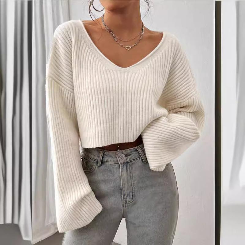 Women Autumn Winter V Neck Sexy Long Sleeve Wardrobe Staple Solid Color Comfy Loose Pullovers Knitted Sweater Top