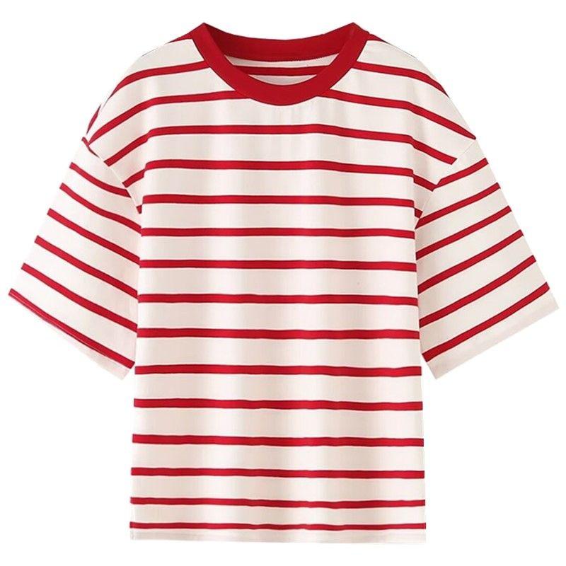 Western Style 2024 Summer New Women Clothes Casual All-matching Stripe Plus Size Short Sleeve T-shirt 5644347