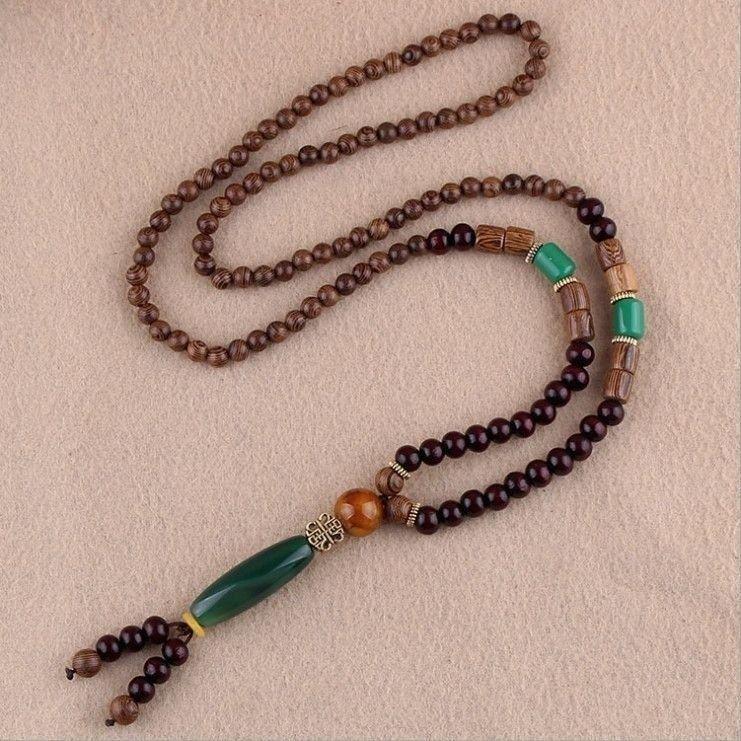 Unisex Retro Ethnic Wooden Necklace Pendant - Versatile Long Sweater Chain and Clothing Accessory
