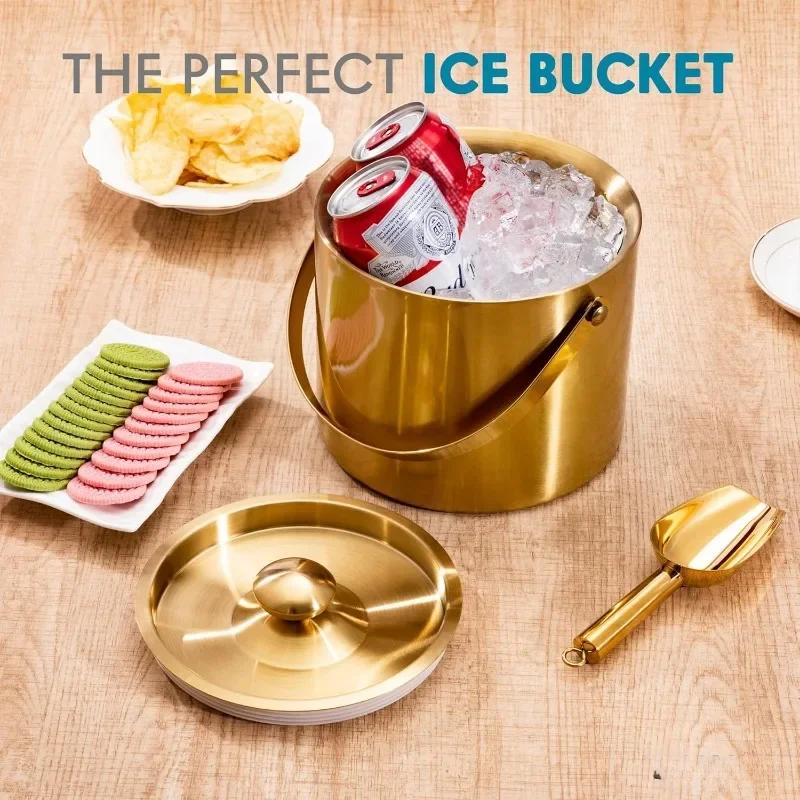 3/4L Stainless Steel Insulated Ice Bucket Double Walled Beverage Tub Comfortable Carry Handle Ice Container Bar Tools