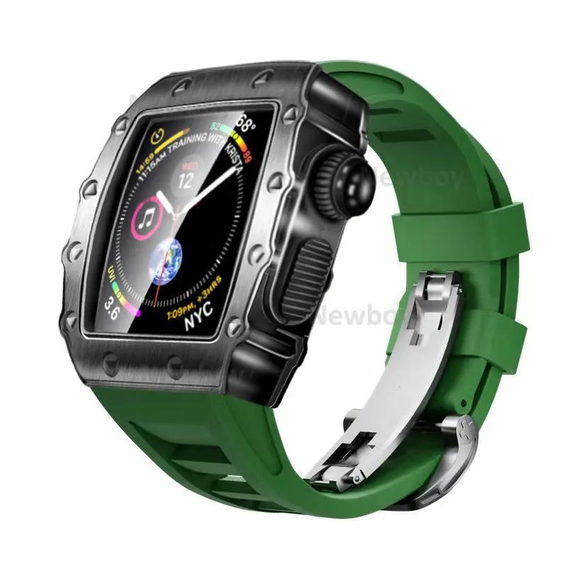 Men Case Strap for Apple Watch Series 8 7 41mm 45mm Rubber Sport Band for iWatch 6 5 4 SE 40 44mm Luxury Metal Modification Kit