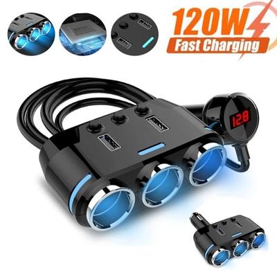 120W 3 porturi Splitter priză pentru brichetă auto Încărcător dublu USB pentru telefon pentru mașină cu adaptor de alimentare cu cablu prelungitor Afișaj de tensiune