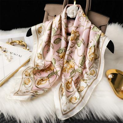 Fashionable Flower Print Small Square Scarf Luxury Simulated Silk Thin Neck Scarf Sunscreen Headscarf For Women