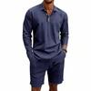 Men's Linen Summer Casual Long-Sleeve Polo Shirt and Shorts Set
