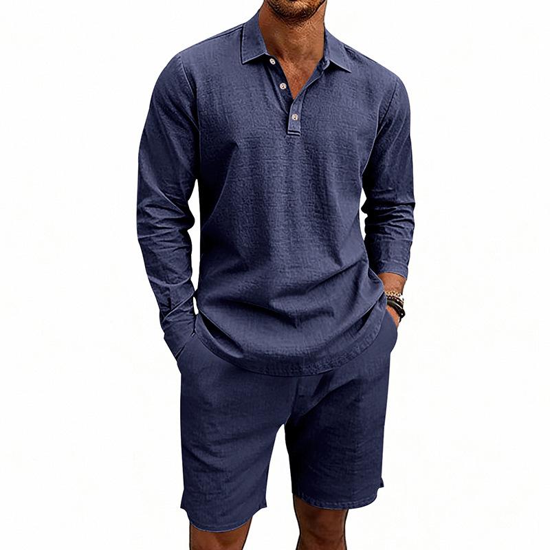 Men's Linen Summer Casual Long-Sleeve Polo Shirt and Shorts Set