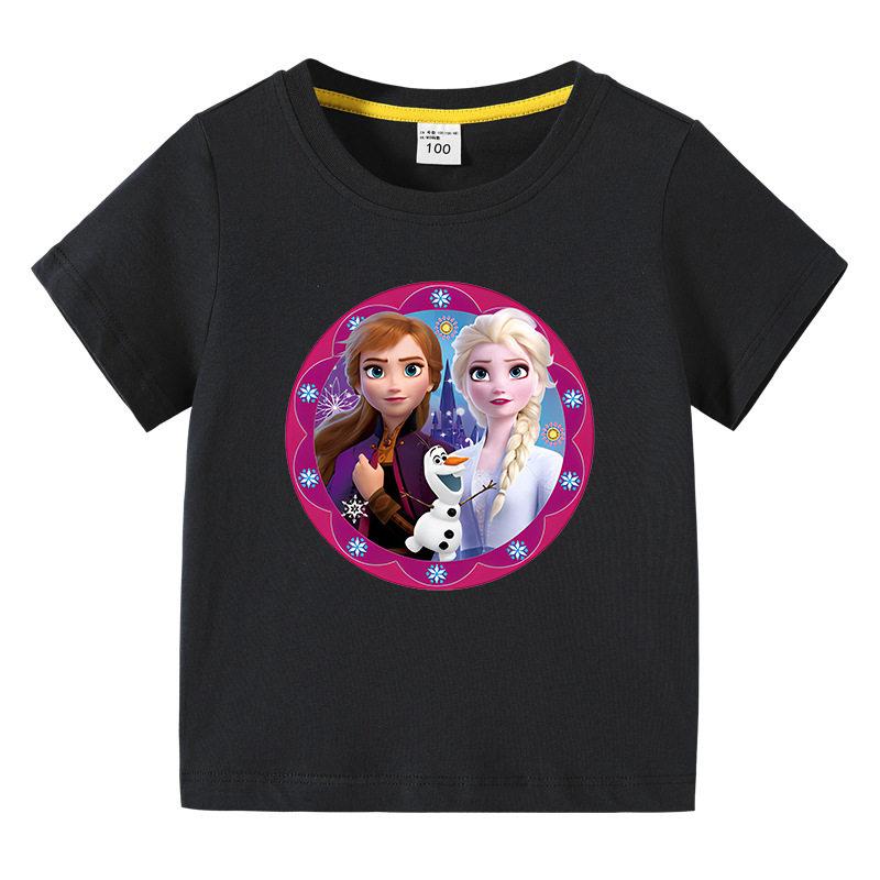 2026 Children's T-shirt Cute Disney Elsa Princess Cartoon Print Pure Cotton Breathable Round Neck Short Sleeve