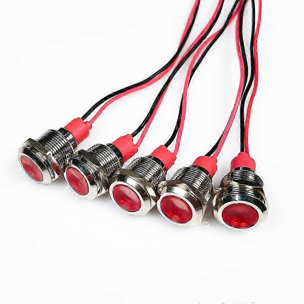 5 Stück 12mm 12/24VDC LED Metall-Anzeigelampe - Wasserdichtes Lichtsignal Kontrollleuchte Richtungsanzeige Armaturenbrett mit Kabel(rot)