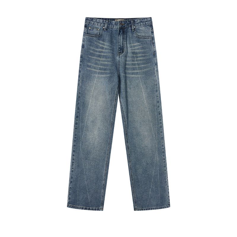 Harsh and Cruel American Retro Heavy Industry Washed Hand-Rub Color Lines Straight-leg Loose Denim