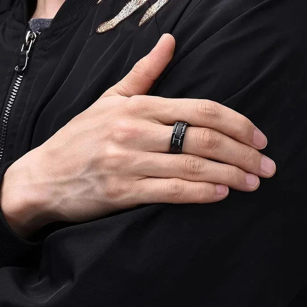 Fashion 8mm Tungsten Wedding Rings For Men Black Brushed Brick Pattern Men Stainless Steel Rings Wedding Jewelry