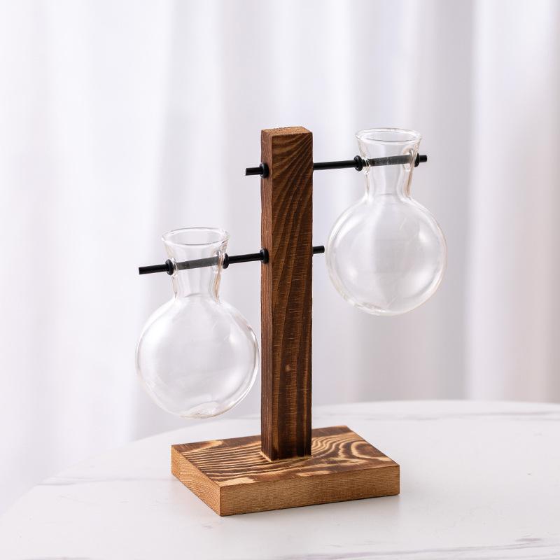Innovative Hanging Wooden Frame Glass Hydroponic Vase Green Ivy Glass Vase Flower Container Desktop Decoration Ornament