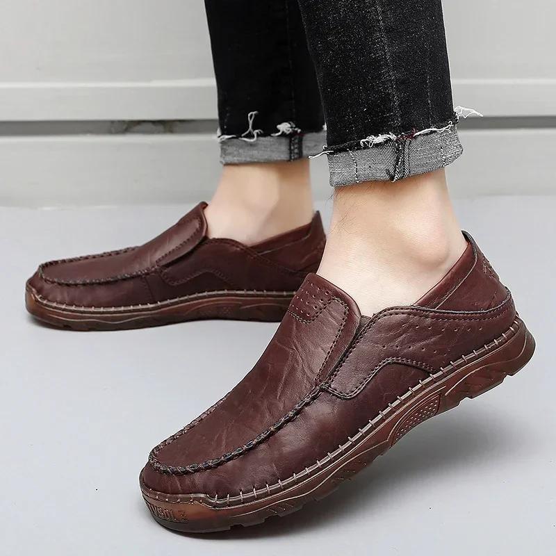 Fashion Handmade Men's Classical Casual Leather Shoes Lightweight Durable Waterproof Antiskid Flat Shoes for All Seasons for Walk Travel