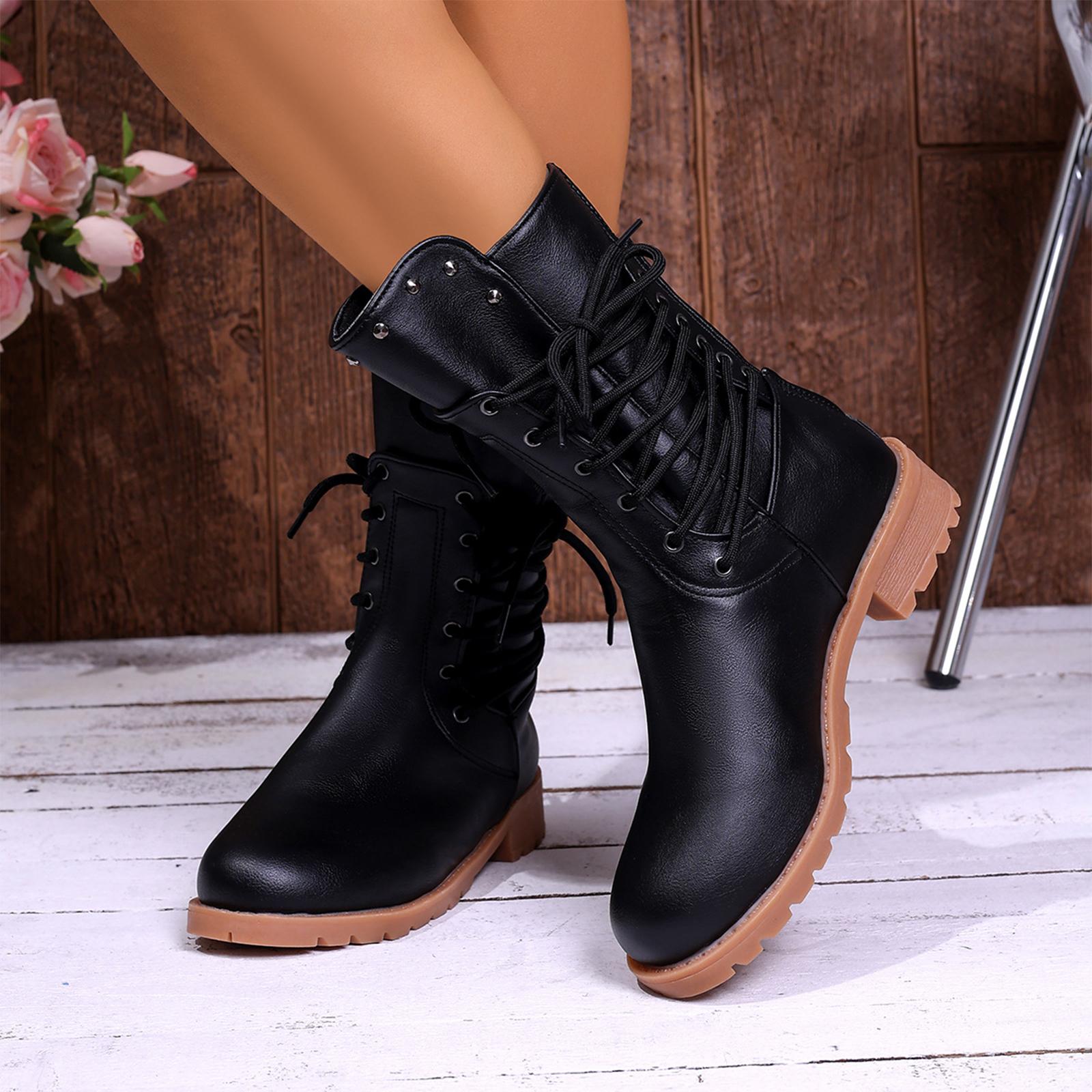 Women s Side Lace-Up Heel Mid-Calf Boots for Fall Fashion 35