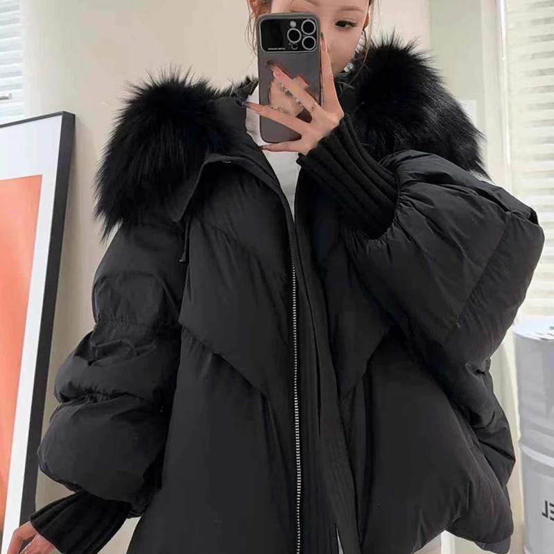 Winter Fur Hooded Puffer Jacket Women Thicken Warm Sleeve Coat Down Mid Long