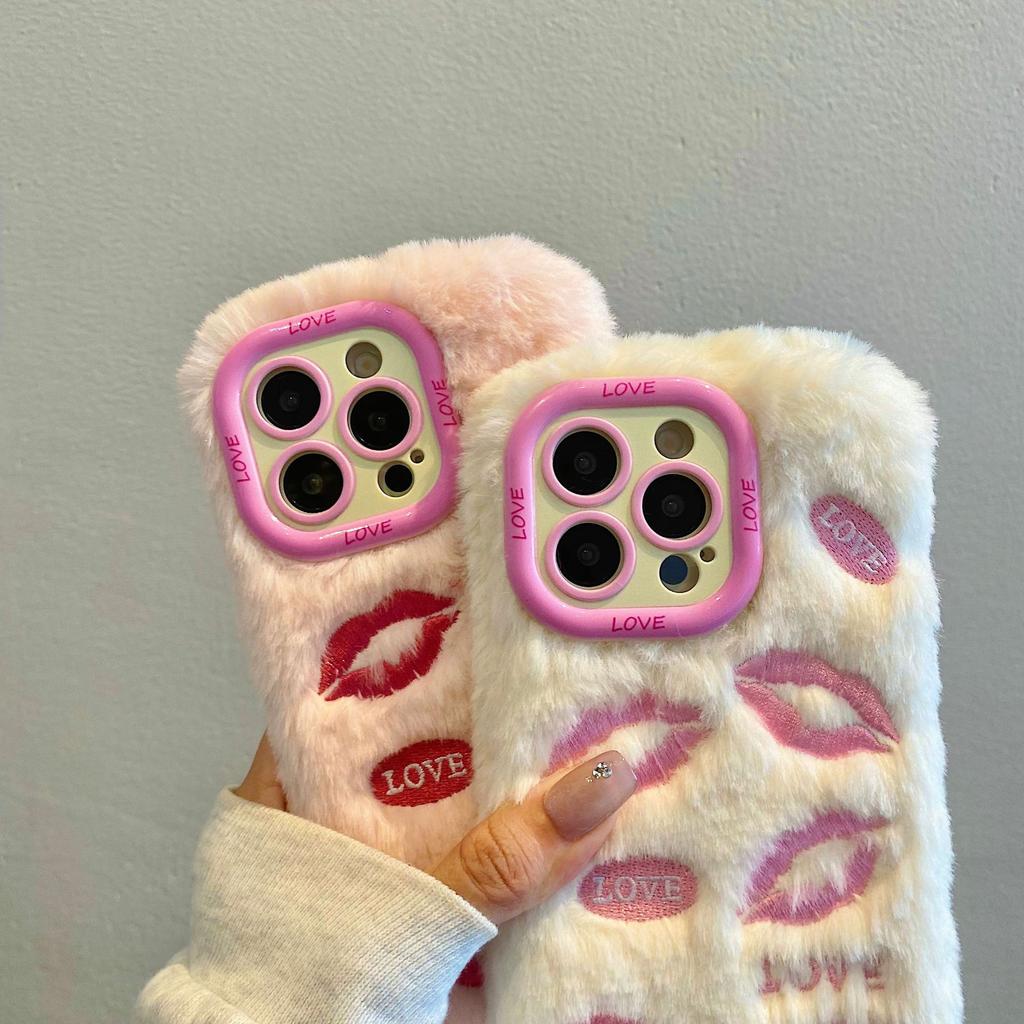 Plush Lip Print Phone Case for Apple 17PROMAX Trend 14 Fine Hole 12 Girl Winter 14PRO