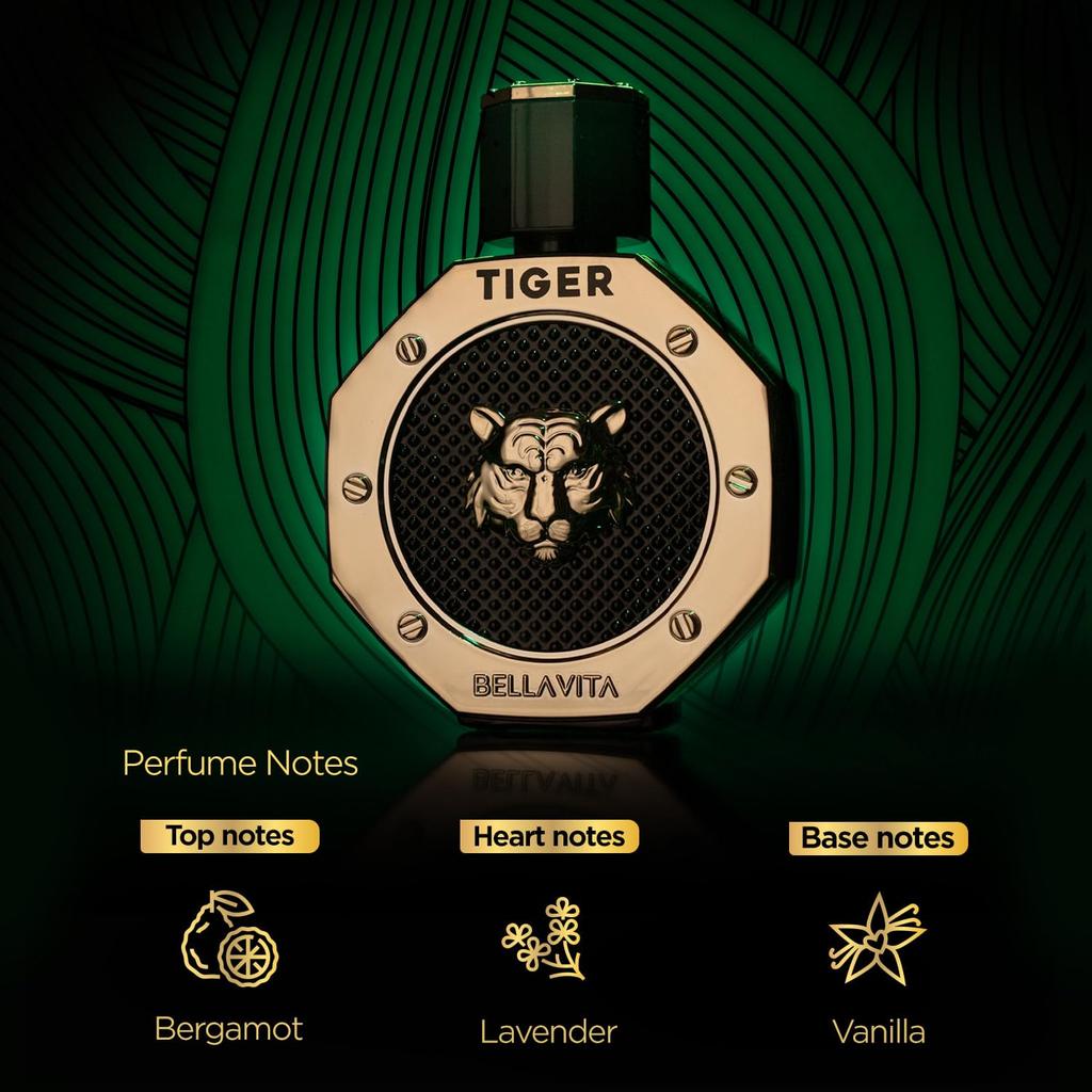 BELLAVITA TIGER Man Eau De Parfum mit Bergamotte, Rosa Pfeffer, Patschuli, Lavendel, Adlerholz & Oud|Premium, Langanhaltender Holzduft für Männer, 100ML