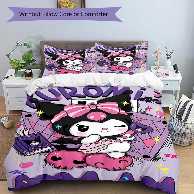 3pcs Kuromi's Sweet Halloween Adventure Sanrio Print Bedding Set (1 Cover + 2 Pillowcases, Without Inserts),  Soft and Comfortable S058