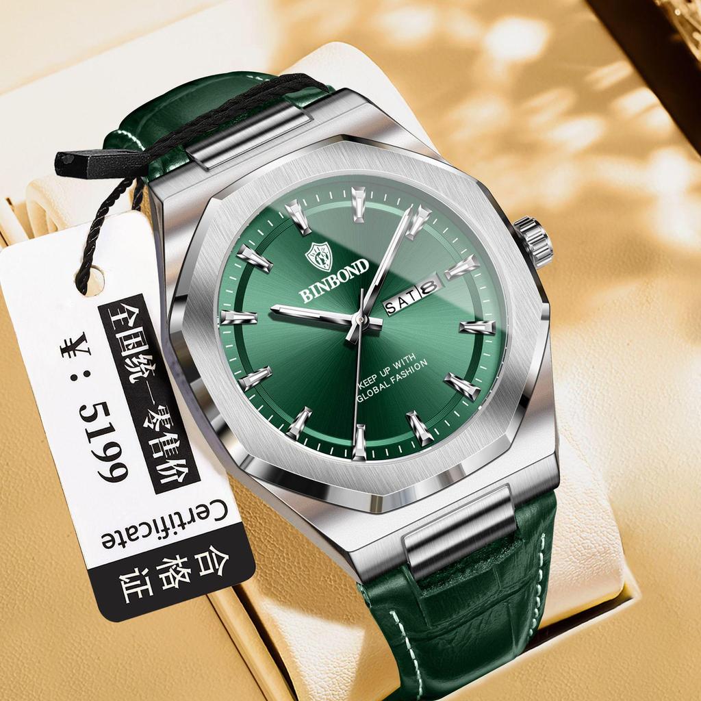 Binbang Men's Luminous Waterproof Quartz Watch with Calendar - Trendy Korean Style